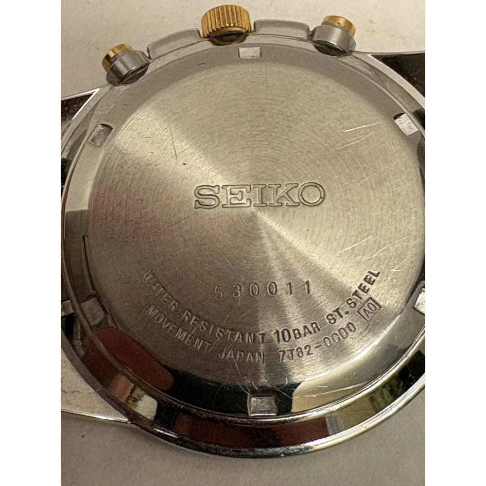Seiko Chronograph 100M Two Tone Alarm Watch 7T62-0CD0 Silver Gold Steel